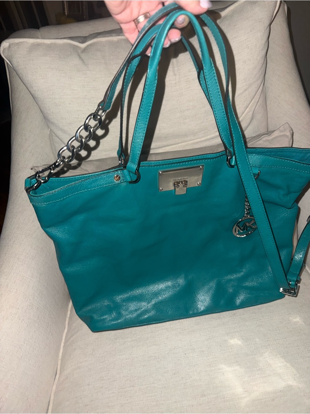 Michael Kors Teal Leather Tote with Silver Accents